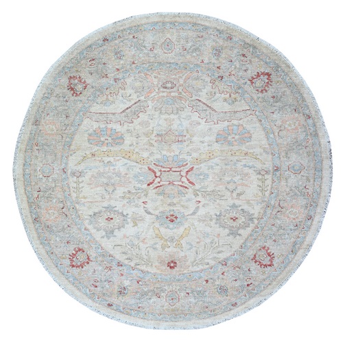 Daisy White with Rhino Gray, Ziegler Mahal Design, Hand Knotted, High Grade Wool, Vegetable Dyes, Round Oriental 