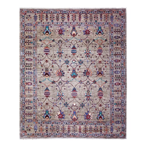 Carbon Gray, Hand Knotted, Sultani Pomegranate Design, Shiny and Soft Wool, Vegetable Dyes, Densely Woven Oriental Rug