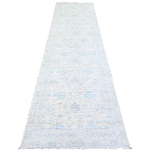 Frost White, Vegetable Dyes, Washed Out Peshawar with Faded Designs, Extra Soft Wool, Hand Knotted, Runner Oriental 
