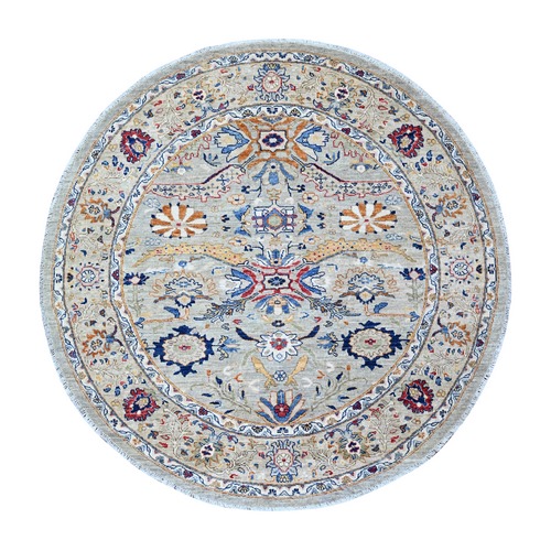 Pale Smoke Gray, Hand Knotted, High Grade Wool with Ziegler Mahal Design, Vegetable Dyes, Round Oriental Rug