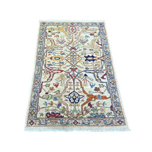 Peppermint Ivory, Peshawar with Colorful Mahal Design, Hand Knotted, Densely Woven, Natural Dyes, Pure Wool, Oriental Rug