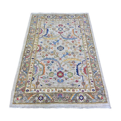 Cloud Gray, Vegetable Dyes, Peshawar with Colorful Mahal Design, Hand Knotted, Extra Soft Wool, Densely Woven, Oriental Rug