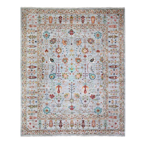 Blue Gray with Pop of Colors, Textured Wool, Soft and Lush, Dense Weave, Hand Knotted, Sultani with Directional Tabriz Vase Design, Oriental 