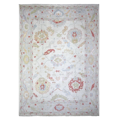 Anti-Flash White, Natural Wool Hand Knotted, Afghan Angora Oushak with Colorful Motifs Vegetable Dyes, Oriental Rug