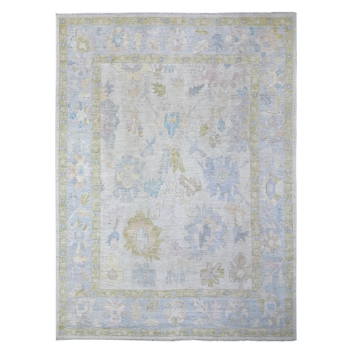Lavender and Blue Gray, Hand Knotted, Afghan Angora Oushak with Large Floral Pattern, Natural Dyes, Soft Wool, Oriental Rug