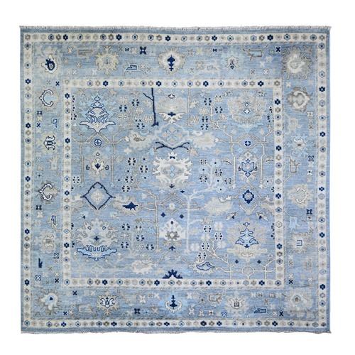 Argentina Blue, Organic Wool Hand Knotted, Afghan Angora Oushak with All Over Motifs Natural Dyes, Square Oriental Rug
