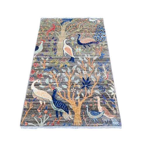 Mink Gray, Pure Wool Afghan Peshawar with Birds of Paradise Design, Abrash, Natural Dyes, Hand Knotted, Oriental Rug