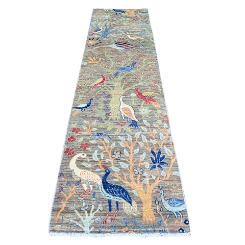 Best Gray, Afghan Peshawar with Birds of Paradise design Vegetable Dyes, Hand Knotted, Organic Wool, Runner Oriental Rug