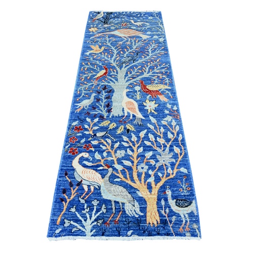 Everton Blue, Pure Wool, Vegetable Dyes, Hand Knotted, Afghan Peshawar with Birds of Paradise, Abrash, Runner Oriental Rug