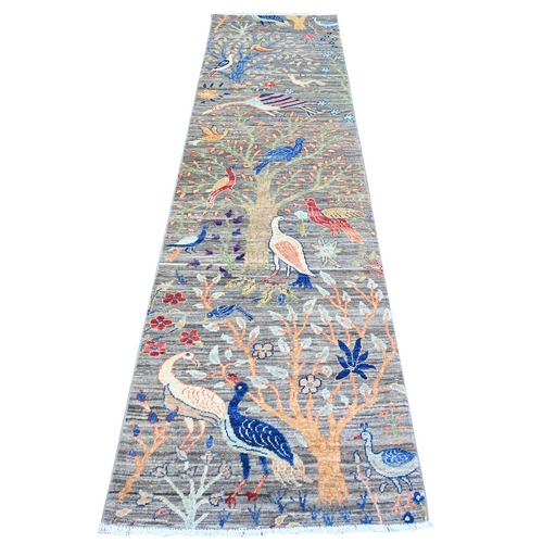 Oxford Gray, Natural Dyes, Pure Wool, Hand Knotted, Afghan Peshawar with Birds of Paradise Design, Abrash, Runner Oriental 