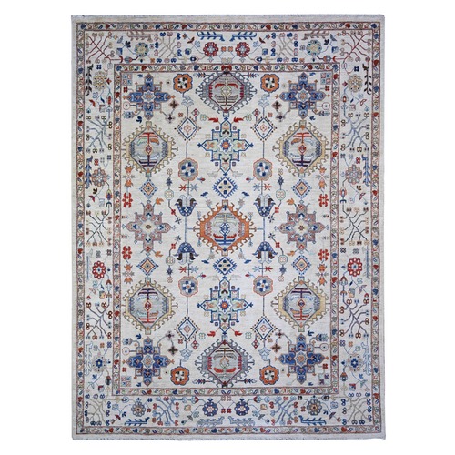 Goose Gray, Soft to the Touch Pile, Karajeh with All Over Geometric Design, Hand Knotted, 100% Wool, Oriental Rug 