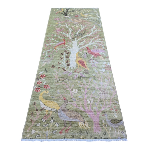 Pantone Artichoke Green, Afghan Peshawar with Birds of Paradise Design, Abrash, Natural Dyes, Extra Soft Wool, Hand Knotted, Runner Oriental Rug