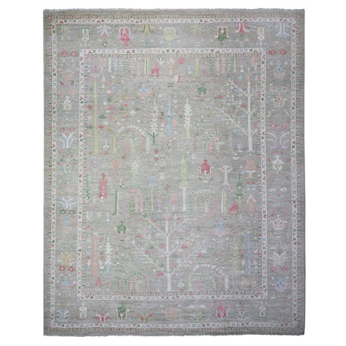 Xanadu Green, Natural Dyes, Organic Wool, Hand Knotted, Afghan Angora Oushak with Cypress and Willow Tree Design, Oversized Oriental 