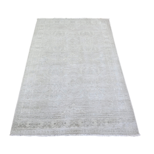 Gainsboro Gray with Night White, White Wash Peshawar with Faded Colors, Velvet and Soft Wool, Hand Knotted, Oriental 