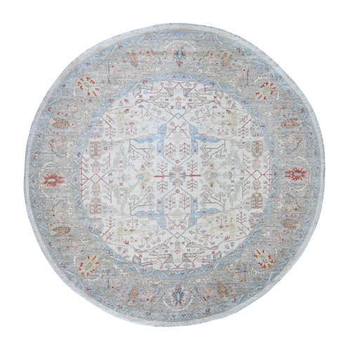 White on White, Hand Knotted, High Grade Wool with Ziegler Mahal Design, Vegetable Dyes, Round Oriental Rug