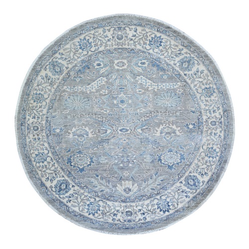 Misty Gray, Ziegler Mahal Design with Serrated Leaf, Hand Knotted, High Grade Wool, Vegetable Dyes, Round Oriental Rug