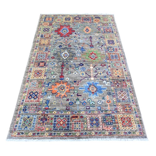 Medium Gray, Densely Woven, Natural Dyes, Hand Knotted, Natural Wool, Peshawar with Colorful Mahal Design with Heavy Large Elements and Wide Border, Oriental Rug