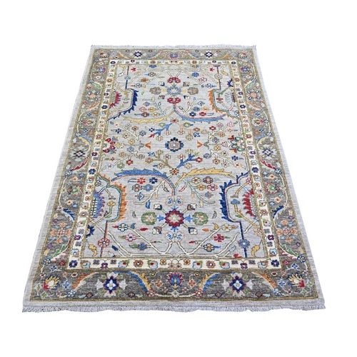 Bright Gray, Peshawar with Colorful Mahal Design, Hand Knotted, Soft and Shiny Wool, Densely Woven, Natural Dyes, Oriental Rug
