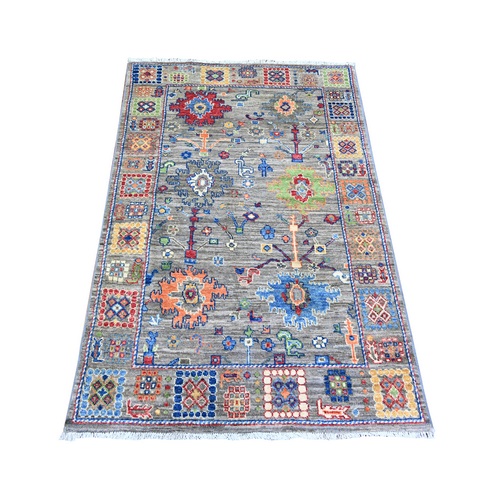 Rustic Gray, Hand Knotted, Extra Soft Wool, Peshawar with Colorful Mahal Design with Heavy Large Elements and Wide Border, Densely Woven, Vegetable Dyes, Oriental Rug