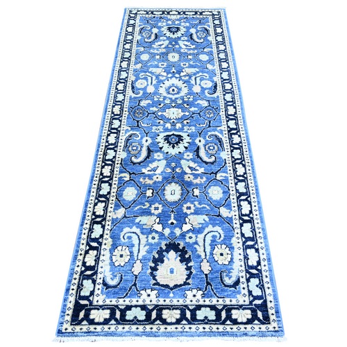 Cornflower with Prussian Blue, Natural Wool, Peshawar All Over Mahal Design, Hand Knotted, Runner Oriental Rug