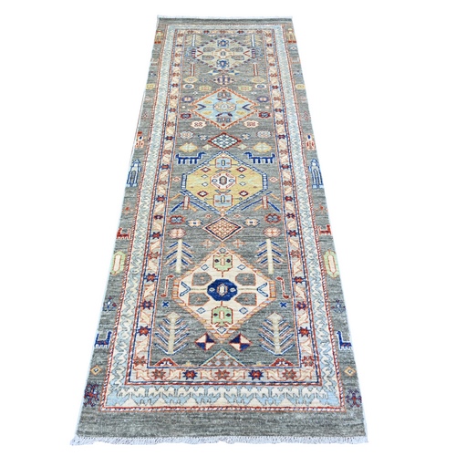 Nevada Gray, Natural Dyes, Organic Wool, Hand Knotted, Peshawar with Geometric Design, Small Animal and Human Figurines, Runner Oriental Rug