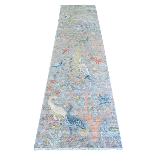 Lavender Gray, Organic Wool Afghan Peshawar with Birds of Paradise, Natural Dyes, Hand Knotted, Runner Oriental Rug
