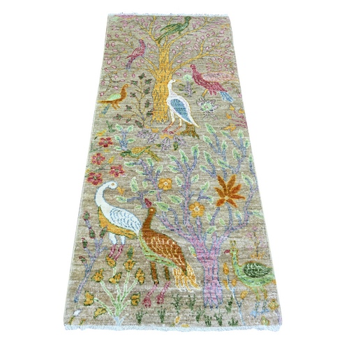 Templeton Gray, Hand Knotted Afghan Peshawar with Birds of Paradise, Vegetable Dyes Natural Wool, Short Runner Oriental 