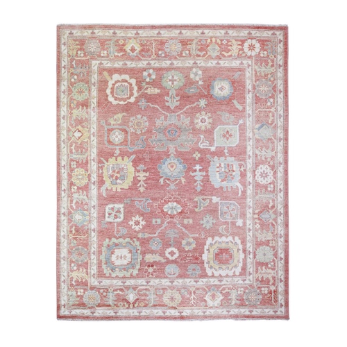 Shimmering Blush Pink, 100% Wool Hand Knotted, Afghan Angora Oushak with Colorful Motifs Natural Dyes, Oriental Rug