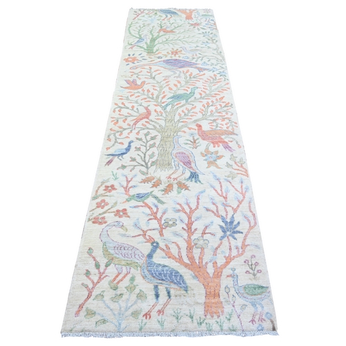 Vivid White, Afghan Peshawar with Birds of Paradise Design, Abrash, Vegetable Dyes, 100% Wool, Hand Knotted, Runner Oriental Rug