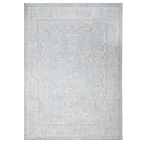 Periwinkle Blue, Faded Out Angora Oushak, Vegetable Dyes, Hand Knotted with Soft And Shiny Wool, Oriental 