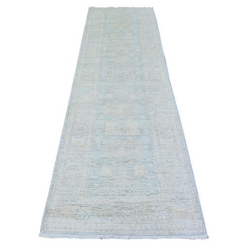 Glaucous Gray with White Dove, Natural Dyes, Washed Out Peshawar with Faded Colors, 100% Wool, Hand Knotted, Runner Oriental 
