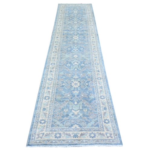 Steel Blue, Densely Woven, Finer Peshawar Organic Wool Hand Knotted All Over Design, Runner Oriental 