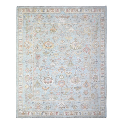 Celeste Blue, Hand Knotted, Afghan Angora Oushak with All Over Colorful Motifs, Pure Wool, Vegetable Dyes, Oriental Rug