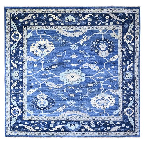 Everton Blue, Natural Dyes, Hand Knotted, Afghan Angora Oushak with All Over Motifs, Pure Wool, Square Oriental Rug