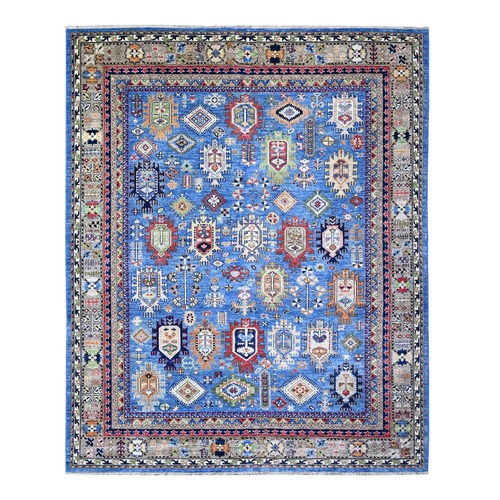 Crayola Blue, Afghan Ersari with Large Elements Design, Dense Weave, Organic Wool, Hand Knotted, Natural Dyes, Oriental 