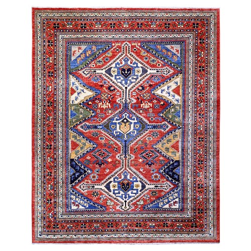 Cadmium Red, Ghazni Wool Fine Afghan Vegetable Dyes with Shiraz Design, Serrated Medallions, Hand Knotted, Oriental Rug