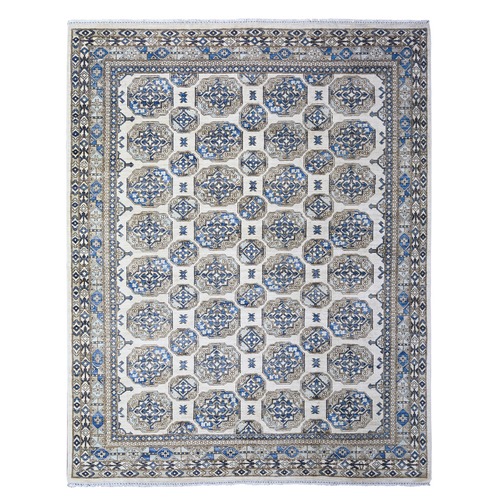 Smoky White, Afghan Ersari with Elephant Feet Design, Natural Dyes Soft Wool Hand Knotted, Oriental Rug