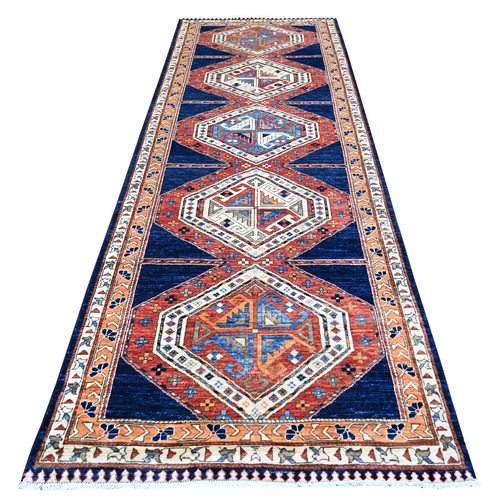 Millennium Blue, Soft Pile, Pure Wool, Hand knotted, Vegetable Dyes, Afghan with Geometric medallions Wide Runner North West Persian Design, Oriental rug