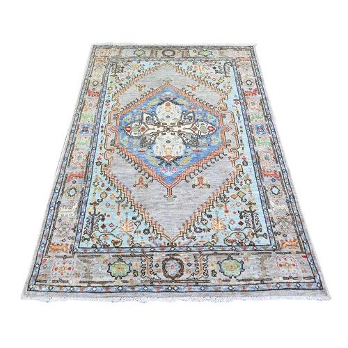 Gentle Gray, Shiny Wool, Natural Dyes, Afghan Shiraz Geometric Motifs with Blue Corners, Hand Knotted, Oriental Rug 