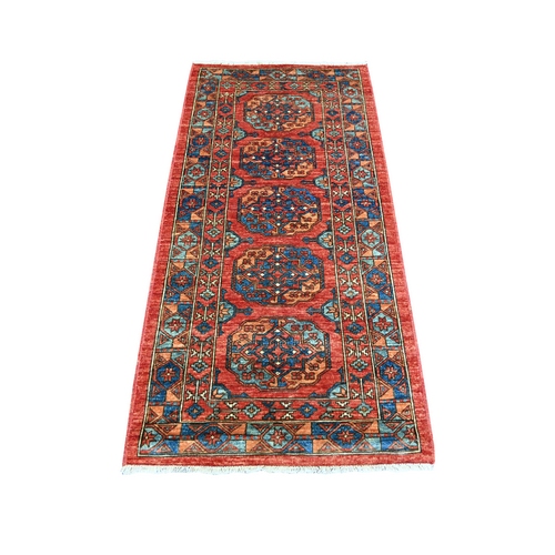 Cincinnati Red, Afghan Ersari with Elephant Feet Design, Vegetable Dyes, Hand Knotted, Natural Wool, Runner Oriental Rug