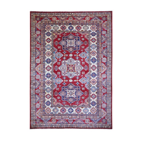 Upsdell Red with Vista White, Hand Knotted, Afghan Super Kazak with Tribal Medallion Design, Natural Dyes, Soft Wool, Oriental Rug