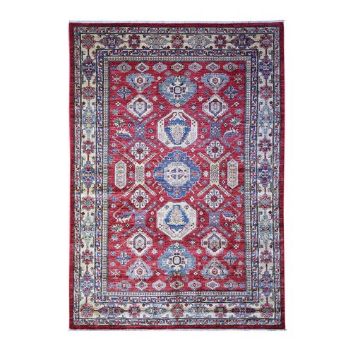 Rufous Red, Vegetable Dyes, 100% Wool, Afghan Super Kazak with Geometric Elements, Hand Knotted, Oriental 