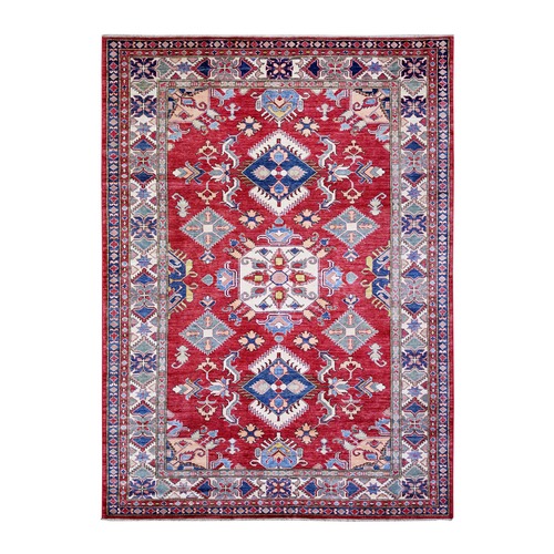 Chili Red, Natural Dyes, Natural Wool Hand Knotted, Afghan Super Kazak with Geometric Medallion, Oriental Rug