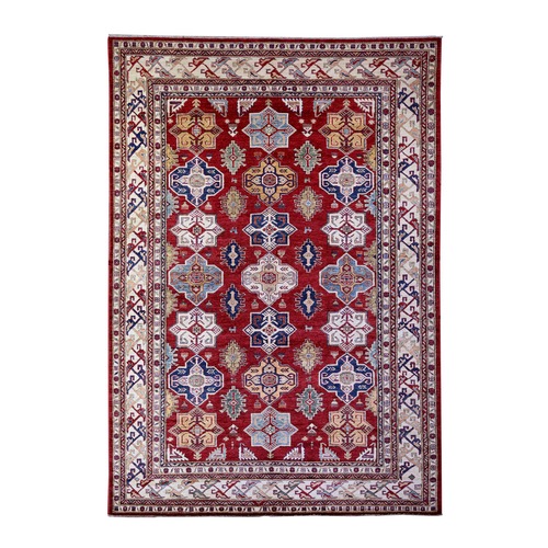Barn Red, Hand Knotted Afghan Super Kazak with Tribal Medallions Design, Natural Dyes, Soft and Shiny Wool, Oriental 