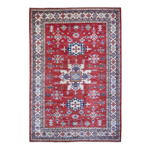 Scarlet Red, Hand Knotted, Afghan Super Kazak with Large Medallions Design, Pure Wool, Oriental 