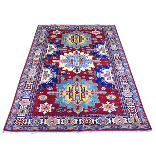 Carmine Red, Shirvan Weave, Caucasian Design, Vegetable Dyes, 100% Wool, Afghan Super Kazak with Geometric Elements, Hand Knotted, Oriental Rug