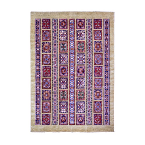 Camel Brown, Vegetable Dyes, 100% Wool, Afghan Super Kazak with Geometrical Garden Design, Hand Knotted, Oriental Rug