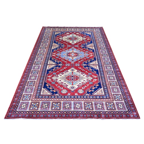 Scarlet Red, Shirvan Weave, Afghan Super Kazak with Medallions, Vegetable Dyes, Pure Wool, Hand Knotted, Oriental 