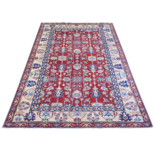 Burgundy Red and Cosmic Latte Ivory, Afghan Super Kazak with All Over Intricate Flower Design, Vegetable Dyes, Pure Wool, Hand Knotted, Oriental Rug