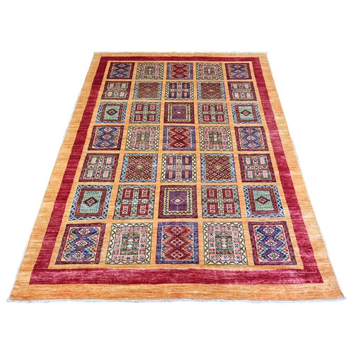 Ochre Brown, Vegetable Dyes, Natural Wool, Afghan Super Kazak with Geometrical Garden Design, Hand Knotted, Oriental Rug